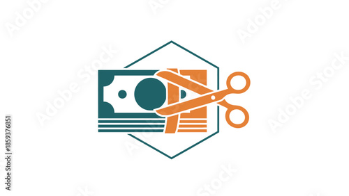 A stylized logo with scissors cutting stacks of currency within a hexagon outline