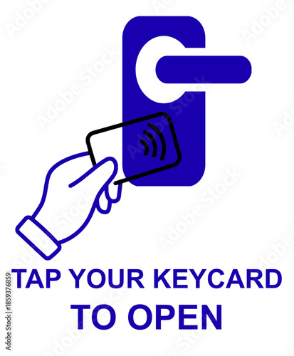 A dark blue graphic icon features a contactless smart card interacting with a door hanger, symbolizing modern keyless entry and access control systems for hotel rooms or secure areas.