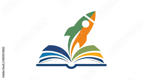 A colorful open book with a rocket launching, symbolizing knowledge and education growth