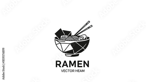 Monochrome ramen illustration in geometric style, with noodles, nori, chopsticks. "Ramen" text below