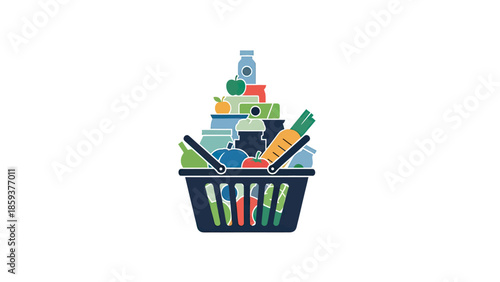 A graphic of a shopping basket filled with stylized fruits, vegetables, and food items