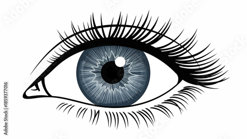 A detailed eye illustration featuring a blue iris, black pupil, and long eyelashes. It is set against a white background, giving a clean look