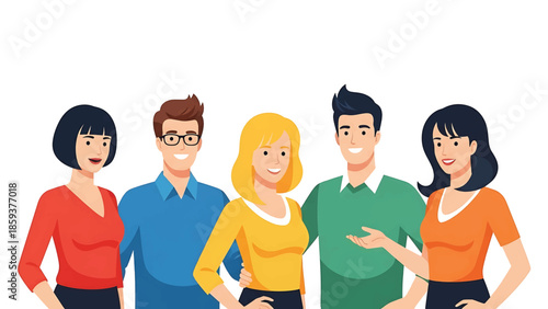 A diverse group of five people, presented in a simplified style, stands together, portraying teamwork and collaboration. Their expressions are cheerful