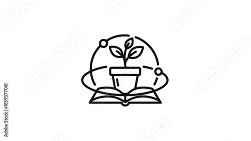 Black outline image of a plant in a pot over an open book, with orbiting lines