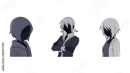 A digitally drawn illustration showcasing three characters in the anime style, featuring faceless, shadowy figures against a white backdrop