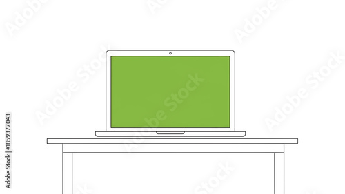 A digital device, displaying a green screen, sits on a simple table. The outline style shows a minimalist aesthetic against a white background