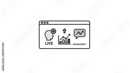 A digital display features graphical elements for business, with a head icon, an upward trend, and a speech bubble. A clean, illustrative design