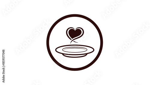 A circular icon featuring a plate with a heart-shaped design rising from it, all in brown