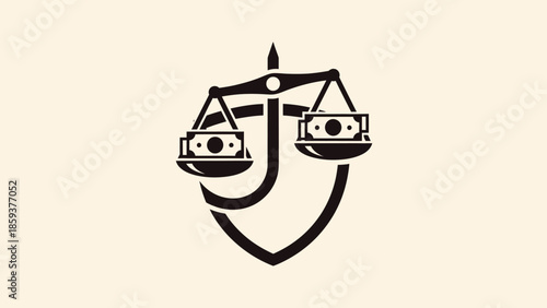 A black monochrome icon of scales with currency on a neutral background, in a shield