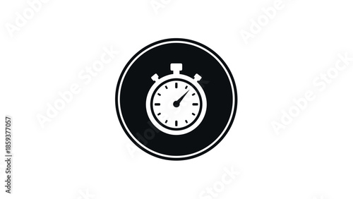 A black and white graphic of a stopwatch inside a circle, set against a plain background