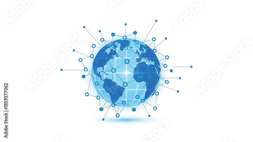 A digital globe illustration showcasing a global network. Blue spherical world is linked with connected points via lines, on white background