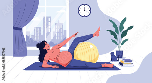 Pregnant woman performing fitness exercises on a mat with a large yellow gym ball in a bright living room with a cat and city view.