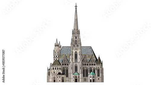 A detailed illustrated architectural building with a tall spire and ornate roofs. Its facade is light-colored and it has numerous windows