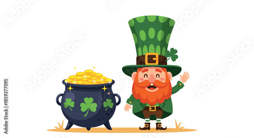 Joyful leprechaun wearing a tall green hat and waving his hand next to a black cauldron filled with shiny gold coins for Saint Patricks Day.