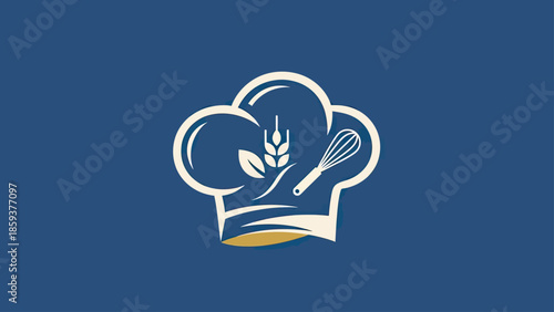 Chef's hat graphic includes wheat, whisk, & design elements in white & gold on a blue background