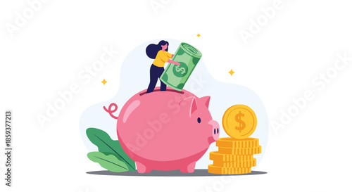 Young woman standing on top of a large pink piggy bank and putting a roll of dollar bills inside symbolizing savings and finance.
