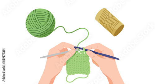 Close up top view of hands using a crochet hook to knit green yarn with another ball of yarn and thread nearby on a white background.