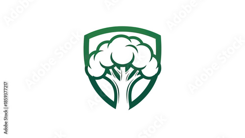 A broccoli stylized icon, centered, green on white, enclosed by a shield outline