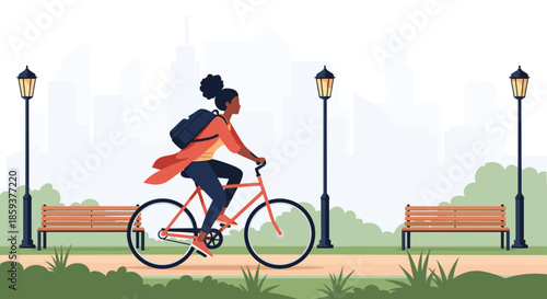 Stylish african woman riding red bicycle along path in sunny city park with skyscrapers and street lamps in background landscape.