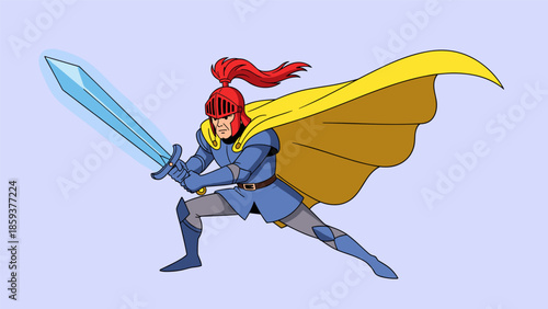 Brave knight wielding a glowing sword with cape flowing.