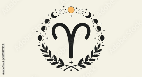 Aries zodiac sign symbol surrounded by moon phases and laurel leaves in a circular mystical design for astrology and horoscope.