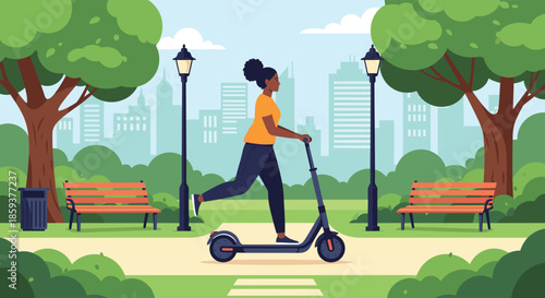Young african woman riding an electric scooter along the park path with city skyscrapers and green trees in background landscape.
