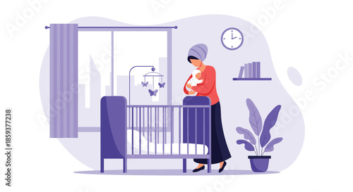 Mother holding her newborn baby in a nursery room with purple crib and butterfly mobile in a peaceful domestic scene illustration.