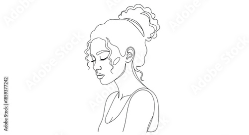 Elegant minimalist one line drawing of a beautiful woman face profile with curly hair for fashion and beauty branding design.