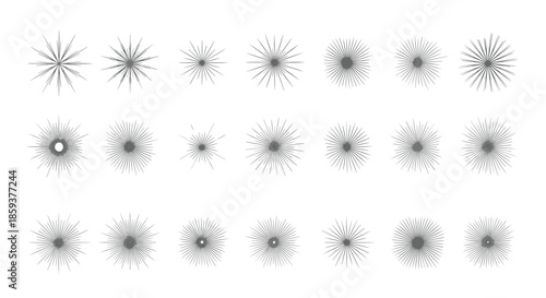 Collection of various starburst and sunburst vintage graphic elements with thin lines for retro design and decorative accents.