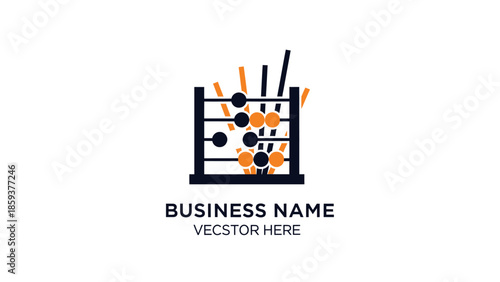 An abacus graphic with orange and black circular beads, vertical and angled bars, on a white background