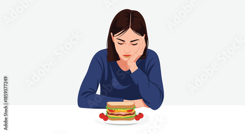 Young woman sitting at table with head in hand looking sadly at a sandwich on a plate representing loss of appetite or diet struggles.