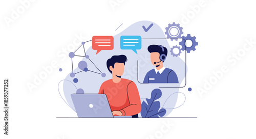 Professional online video call and technical support illustration with two men talking via laptop and headset icons for business.