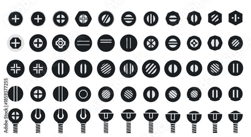 Large collection of various screw head types and bolt patterns in black and white for technical hardware and construction reference.