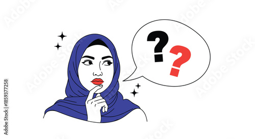 Confused young muslim woman wearing blue hijab with hand on chin and question marks in speech bubble for decision making.