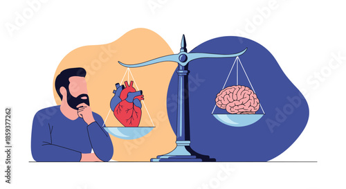 Man thinking about the balance between heart and brain on a set of scales representing logic versus emotion in decision making.