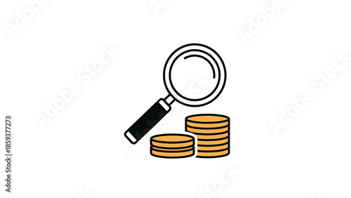 A black-handled magnifying glass over stacks of golden coins on a white background