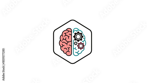 A stylized brain split in two halves, one with gears, in a hexagonal outline