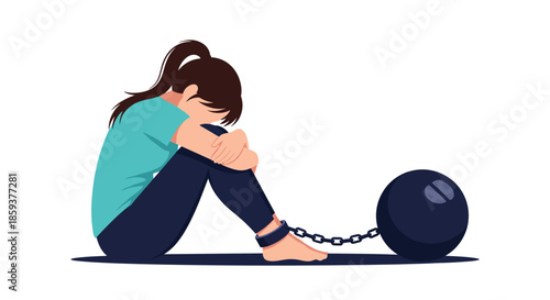 Sad woman sitting and hugging her knees with a heavy iron ball and chain attached to her ankle representing burden or addiction.