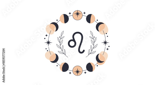 Leo zodiac sign symbol in a circular mystical frame with moon phases and leaves for astrology and horoscope enthusiasts.
