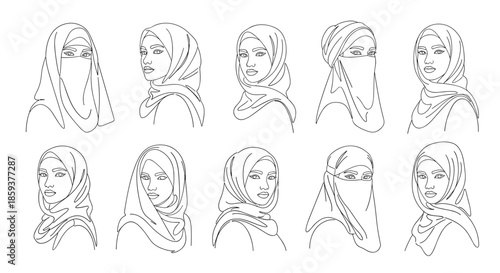 Collection of minimalist line art sketches featuring women in various styles of hijabs niqabs and traditional islamic head coverings.