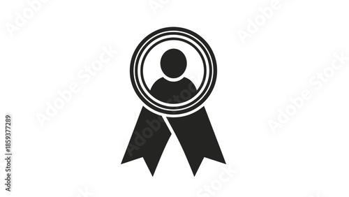 A silhouette of a person inside a ribbon and badge. Two bottom ribbons and a circle badge