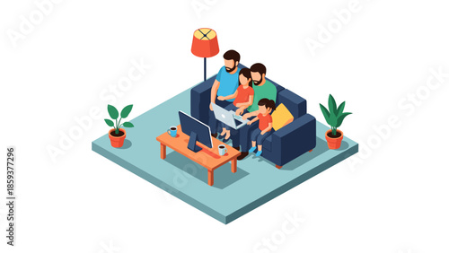 Isometric family relaxing in modern living room with technology