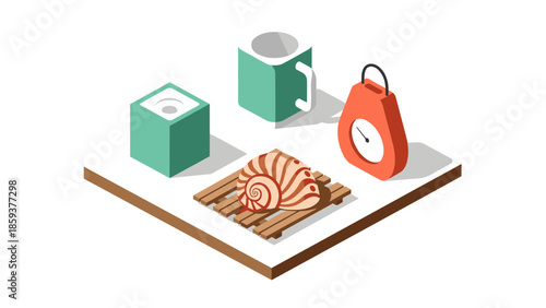 Isometric coastal still life with nautical elements and geometric objects