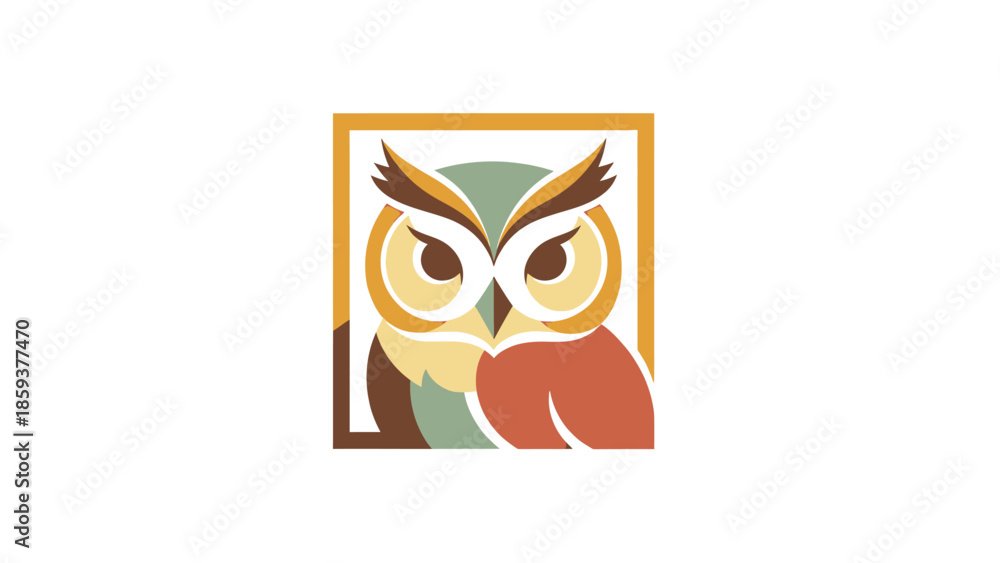 Fototapeta premium A colorful, geometric illustration of an owl in a square frame on a white background