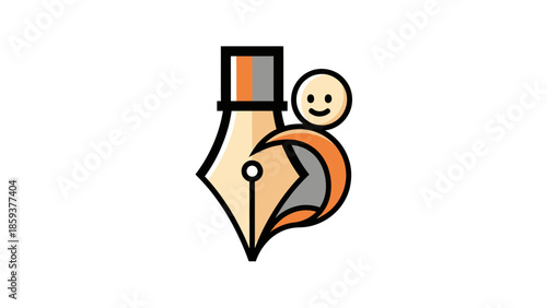 A stylized illustration featuring a pen nib with an attached smiling head, with a curved element