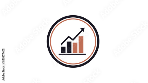 A stylized chart with rising bars and an arrow, enclosed within a double ring, on white