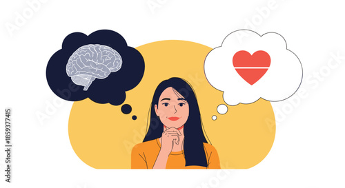 Young woman looks upward thoughtfully with speech bubbles containing a brain and a heart representing the choice between logic and love.