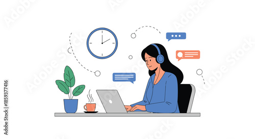 Young woman with headphones works on a laptop at a desk with coffee and a plant, surrounded by message icons and clock.