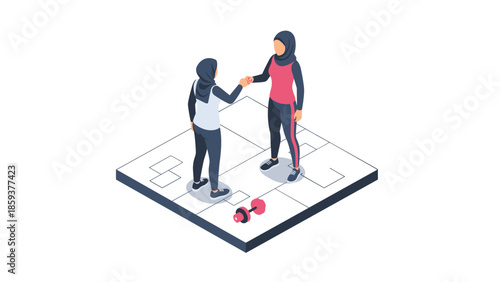 Women in sportswear shaking hands on isometric exercise platform with dumbbells