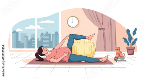 Pregnant woman lies on a yoga mat using a yellow exercise ball to perform stretching routines in a bright modern apartment.